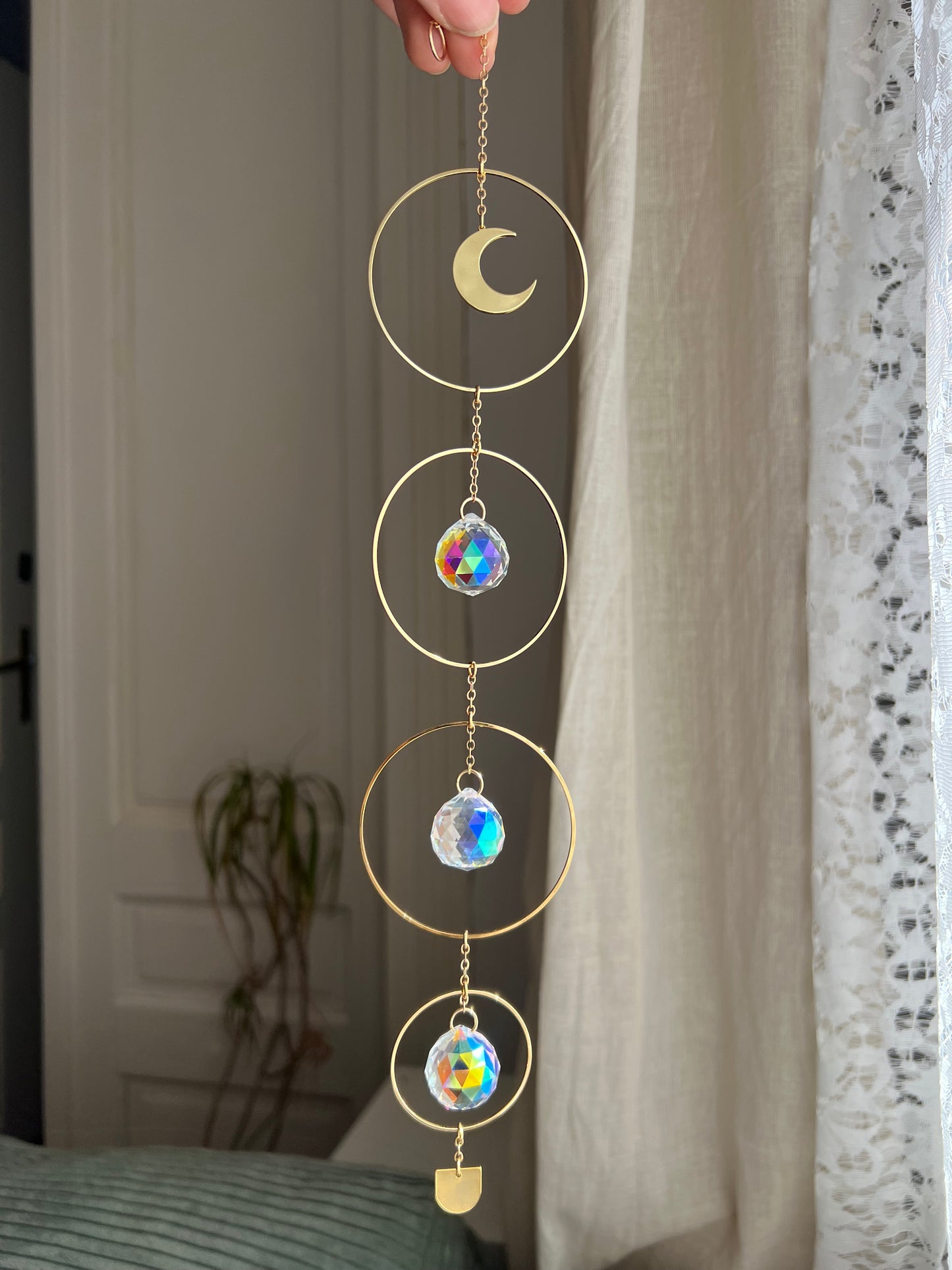 Ayla crystal sun catcher with brass moon, rainbow prism, light diffuser, boho home decoration, fairy decor, gift for woman