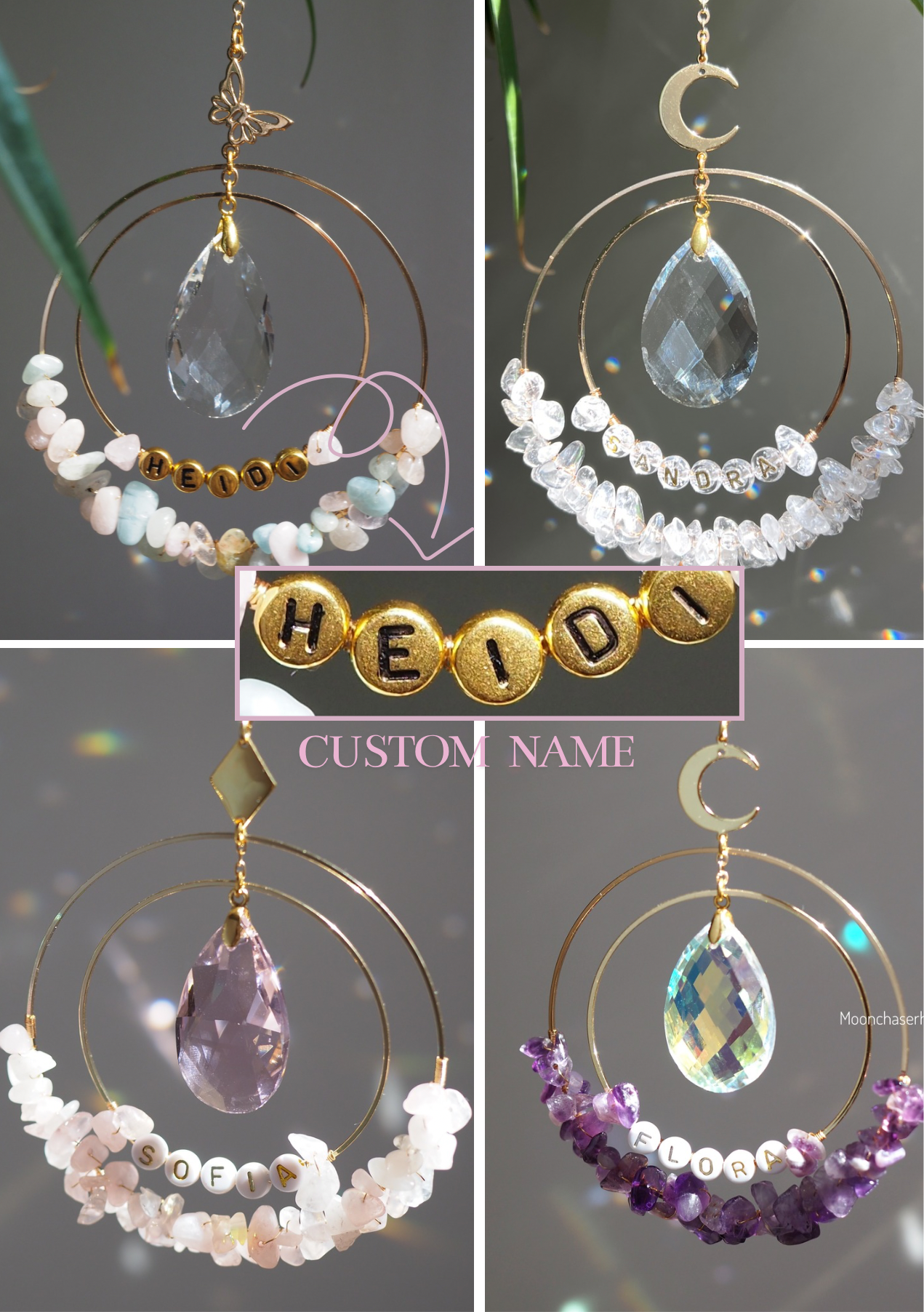 Personalised Name bead Suncatcher with crystals custom gift for her car charm crystal sun catcher