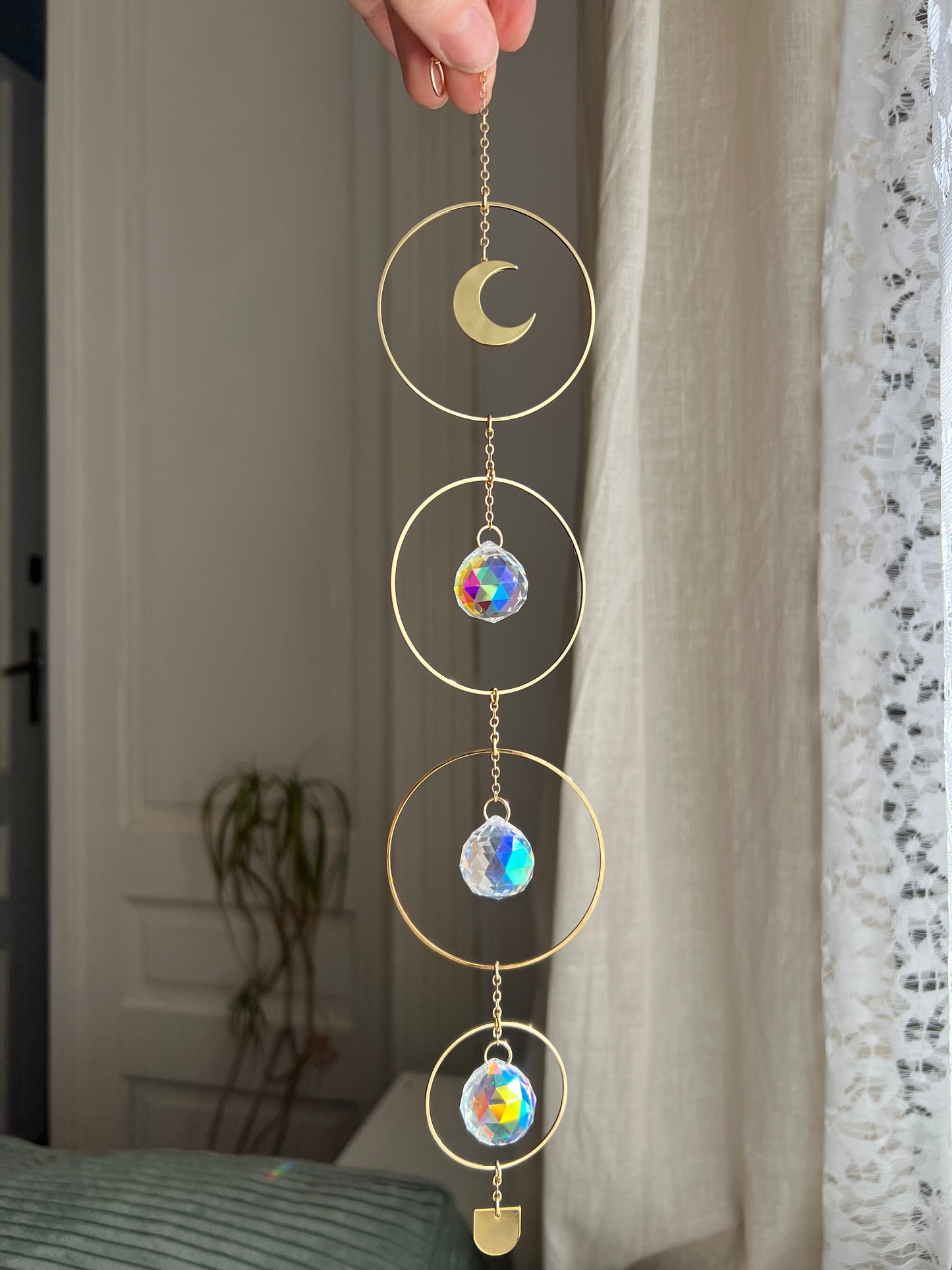Ayla crystal sun catcher with brass moon, rainbow prism, light diffuser, boho home decoration, fairy decor, gift for woman