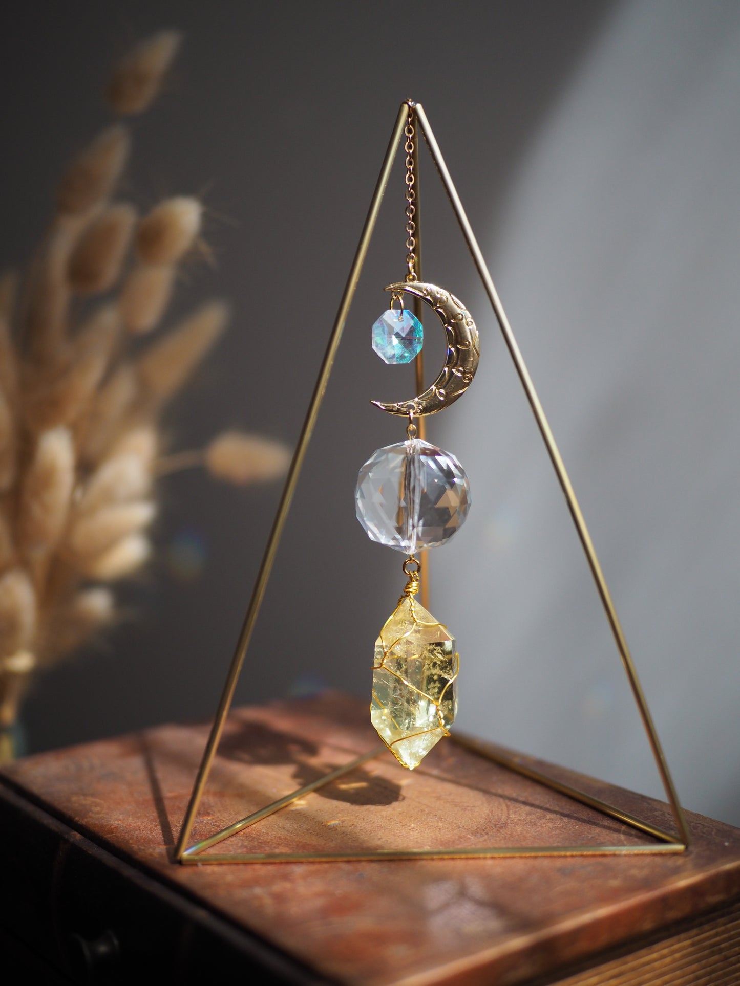 Standing suncatcher with citrine and amethyst- tabletop prism triangle suncatcher crystal decor- Arion