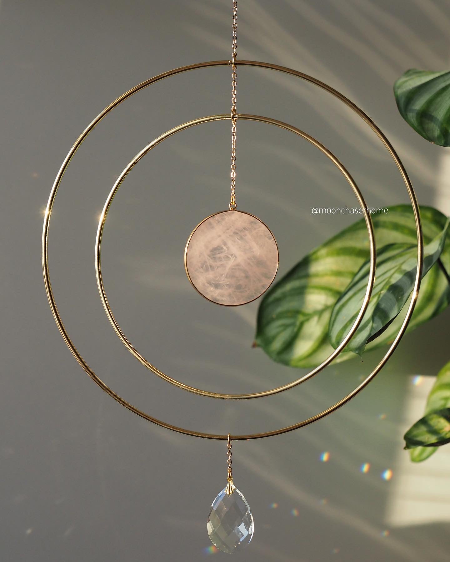 Anila-Big 19cm/7,4″ gold circle sun catcher mobile with natural crystals, amazonite, labradorite, rose quartz