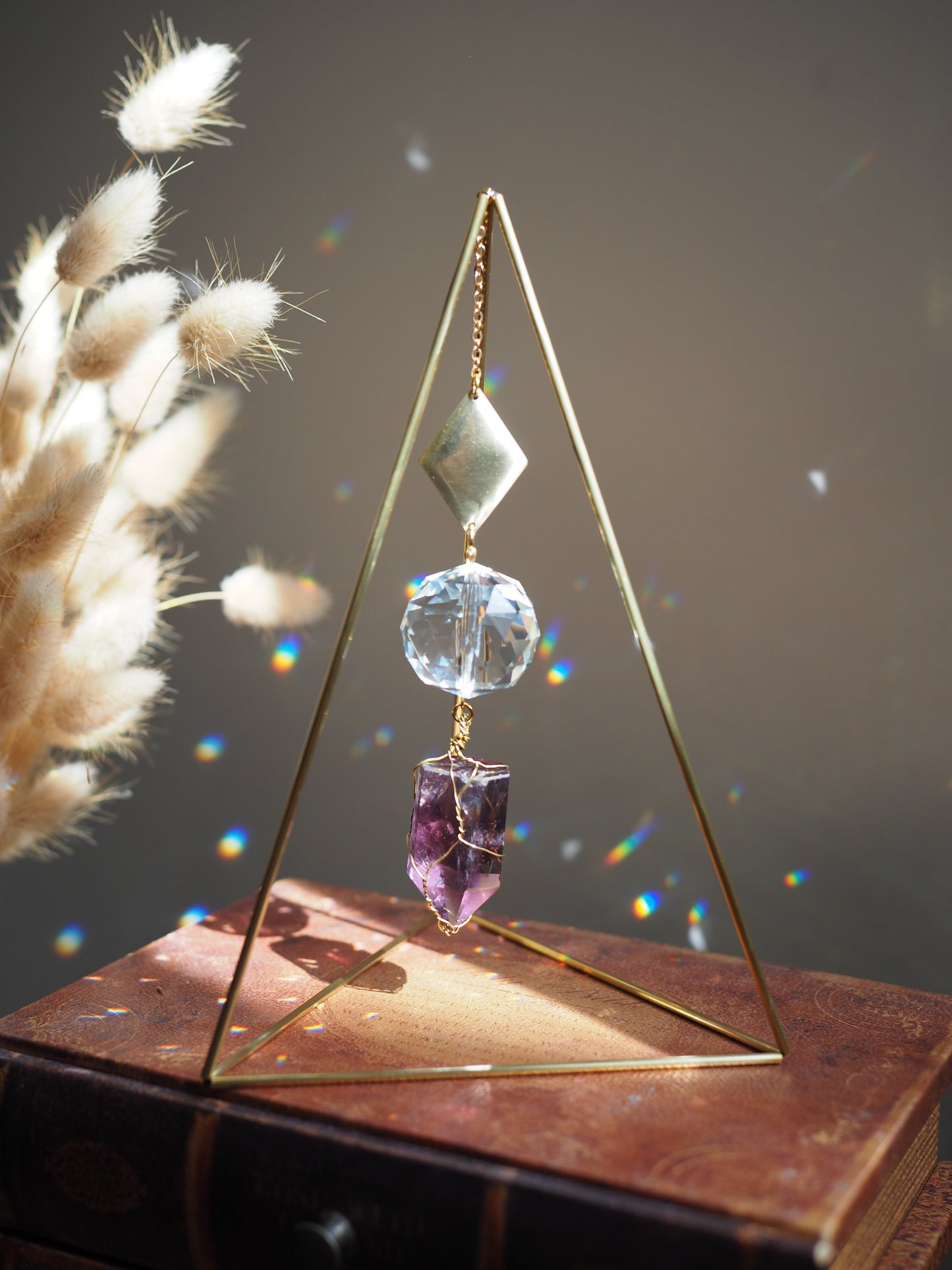 Standing suncatcher with citrine and amethyst- tabletop prism triangle suncatcher crystal decor- Arion
