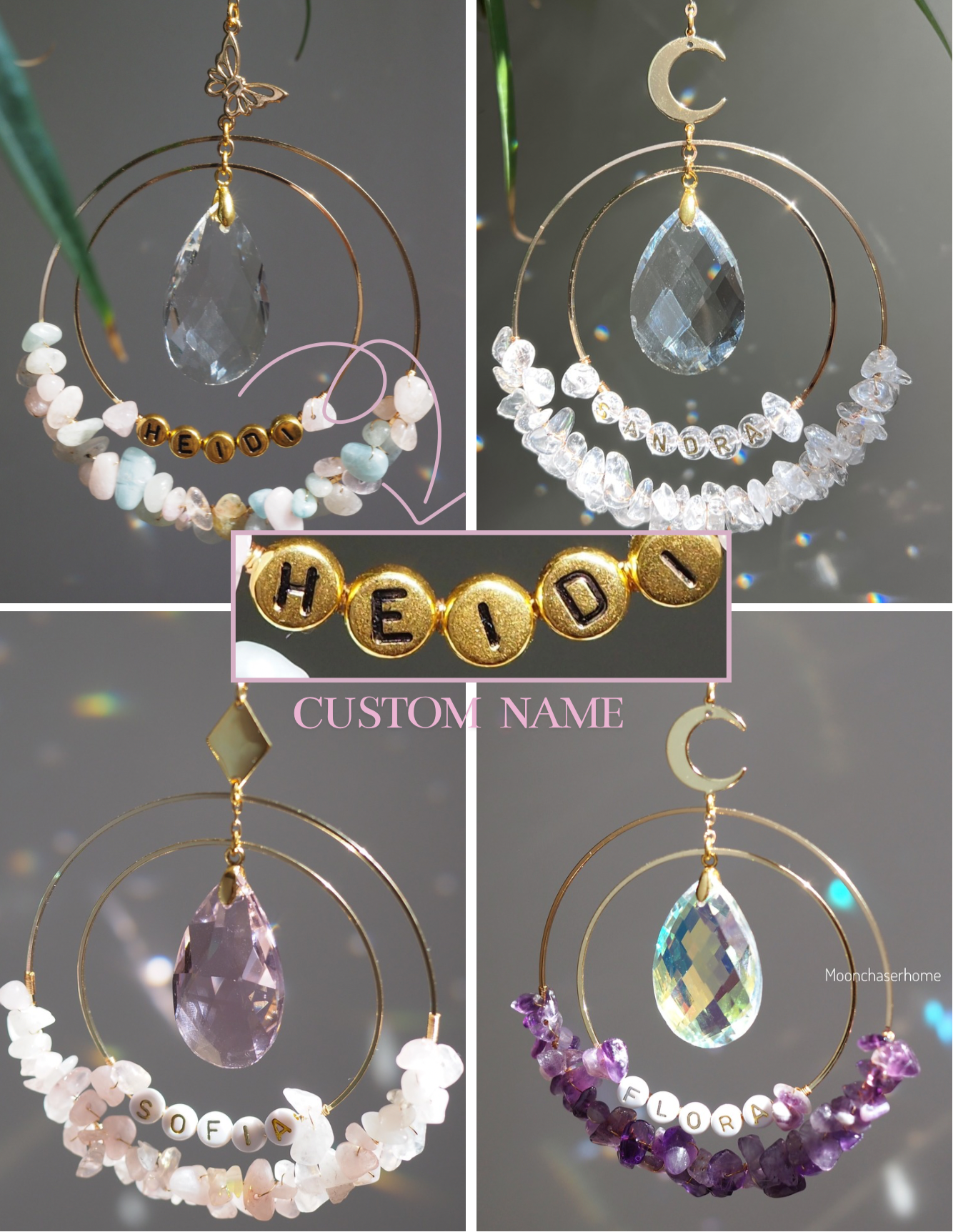 Personalised Name bead Suncatcher with crystals custom gift for her car charm crystal sun catcher