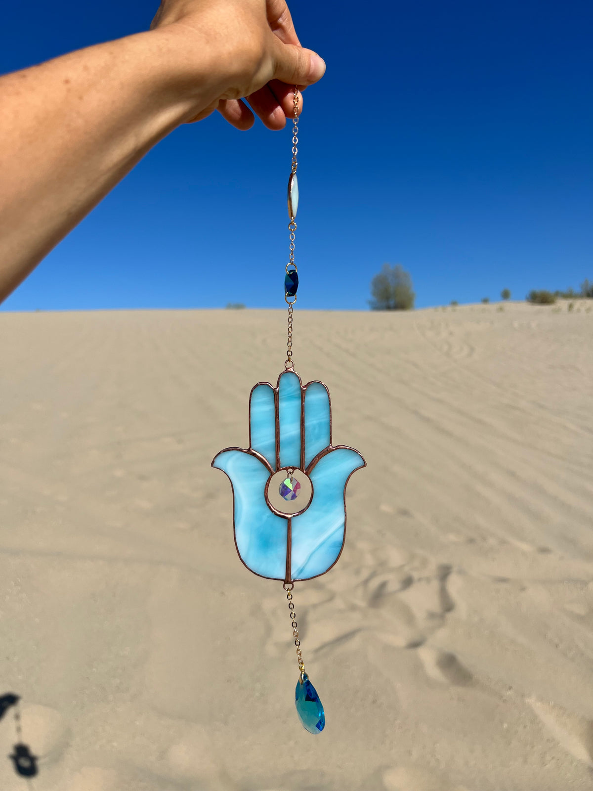 Stained glass Hamsa suncatcher with Amazonite crystal
