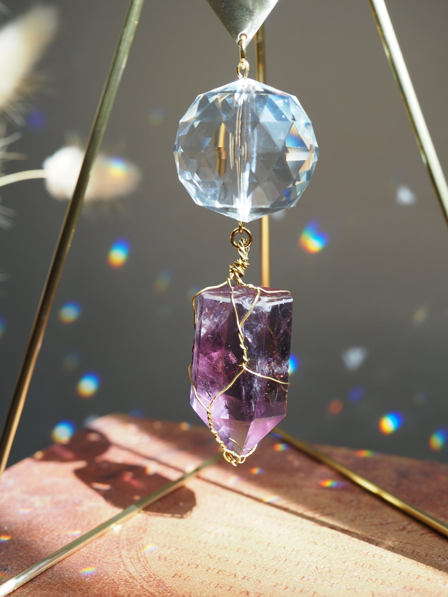 Standing suncatcher with citrine and amethyst- tabletop prism triangle suncatcher crystal decor- Arion