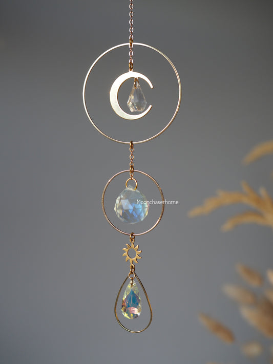 Anna sun catcher with sun and moon charms, rainbow prism, boho home decoration, fairy decor, gift for woman, car decor