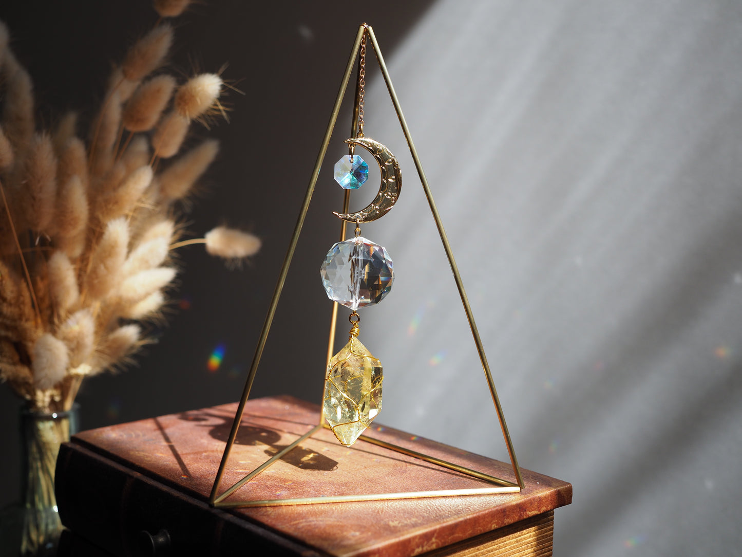 Standing suncatcher with citrine and amethyst- tabletop prism triangle suncatcher crystal decor- Arion