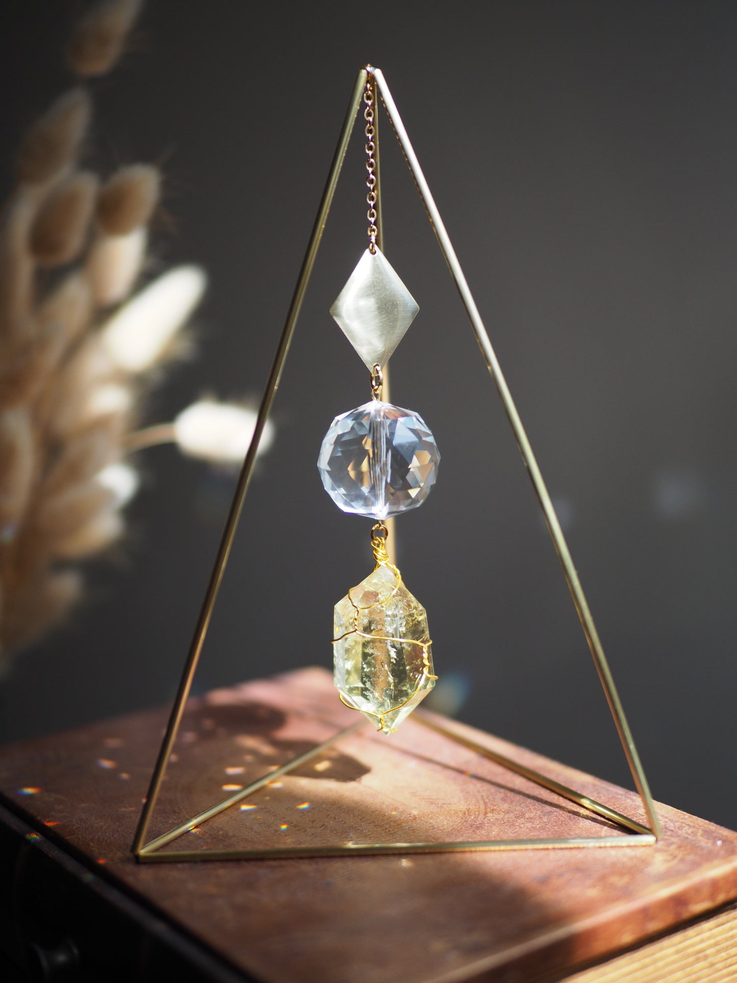 Standing suncatcher with citrine and amethyst- tabletop prism triangle suncatcher crystal decor- Arion