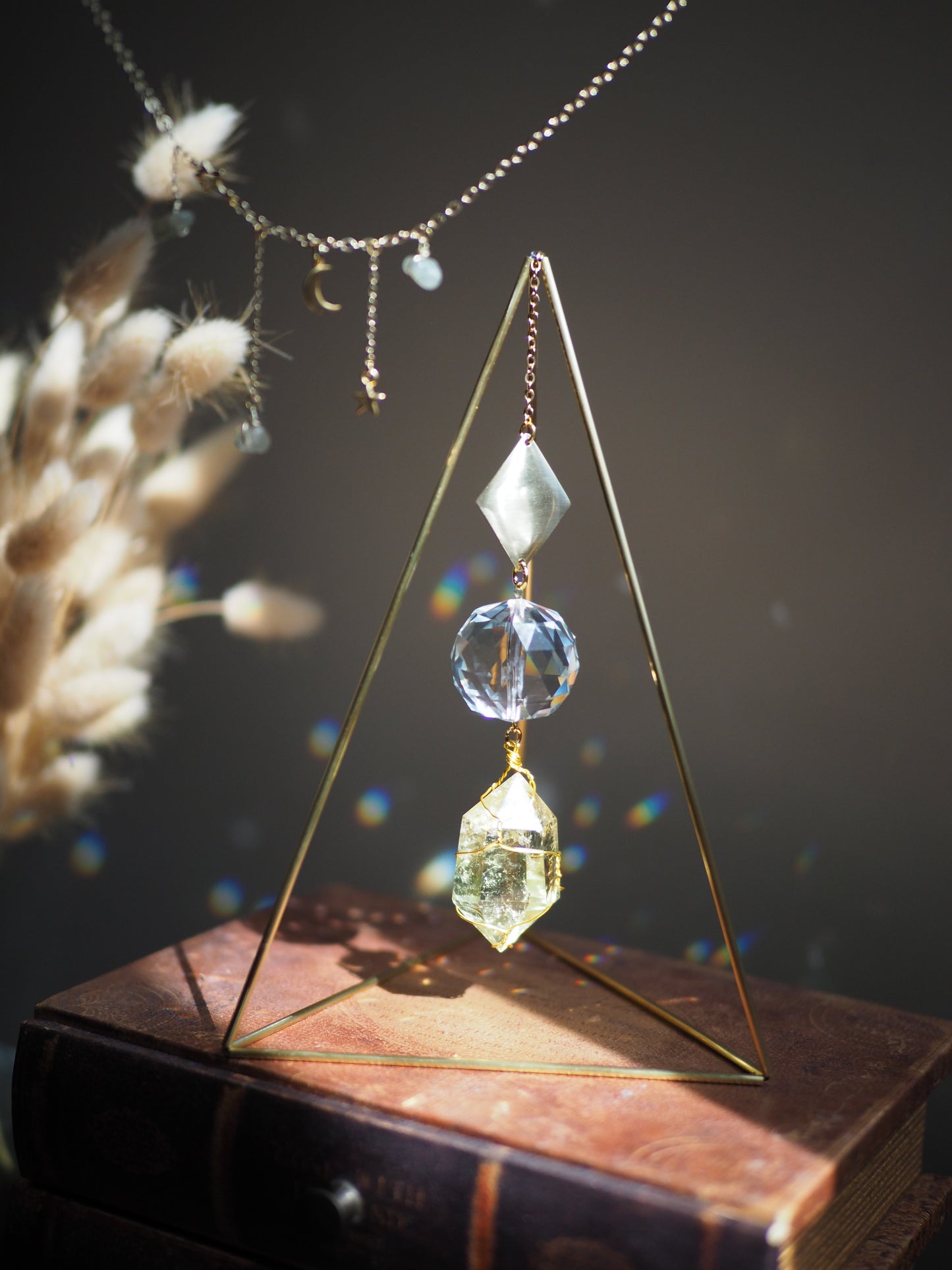 Standing suncatcher with citrine and amethyst- tabletop prism triangle suncatcher crystal decor- Arion