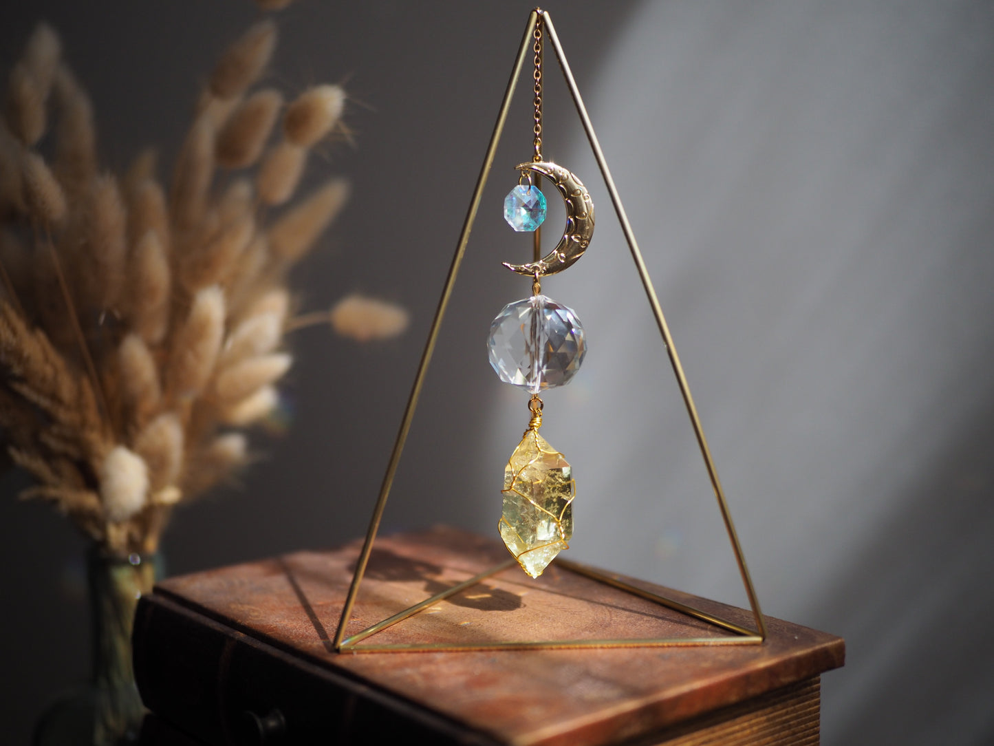 Standing suncatcher with citrine and amethyst- tabletop prism triangle suncatcher crystal decor- Arion