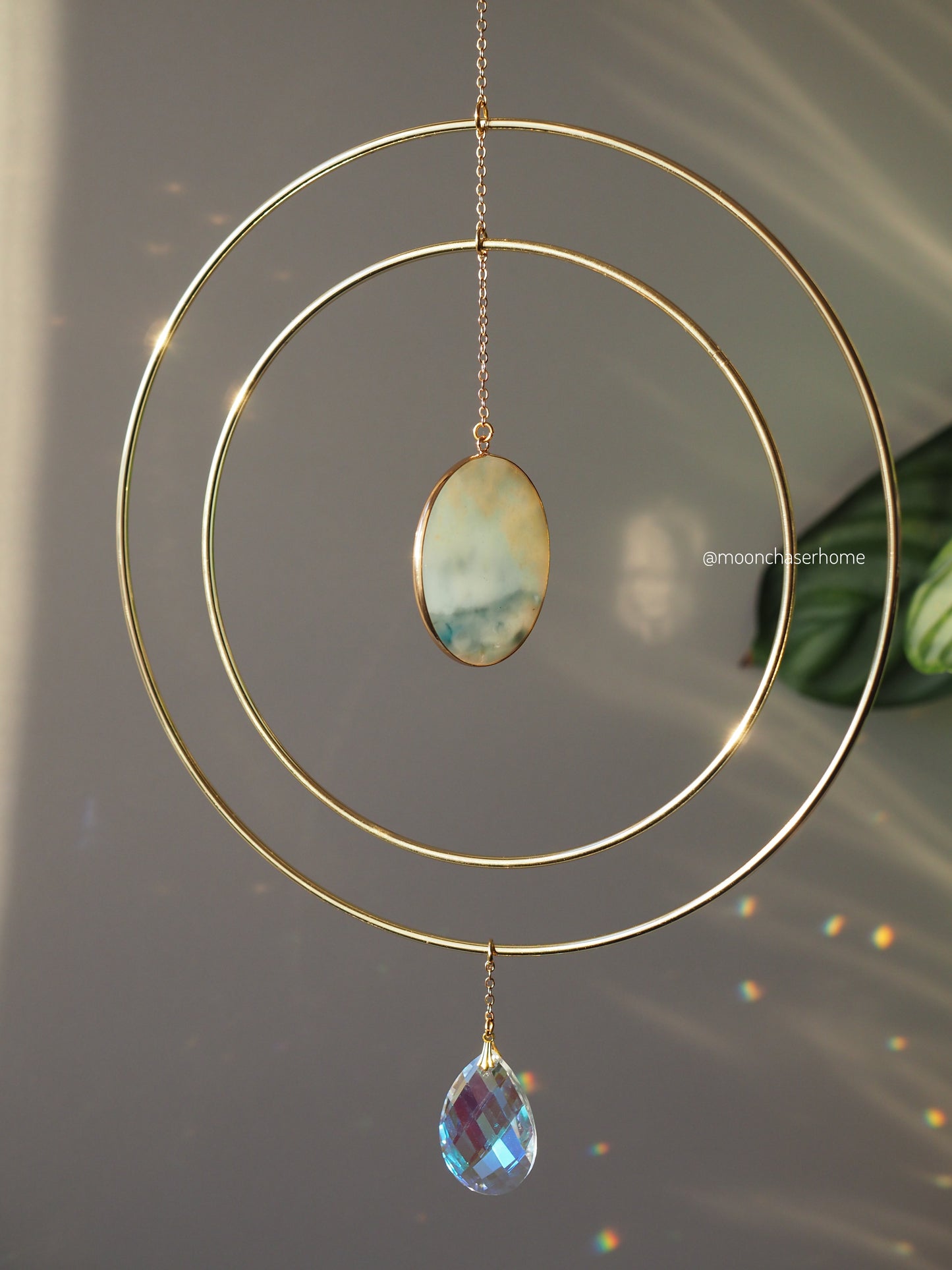 Anila-Big 19cm/7,4″ gold circle sun catcher mobile with natural crystals, amazonite, labradorite, rose quartz