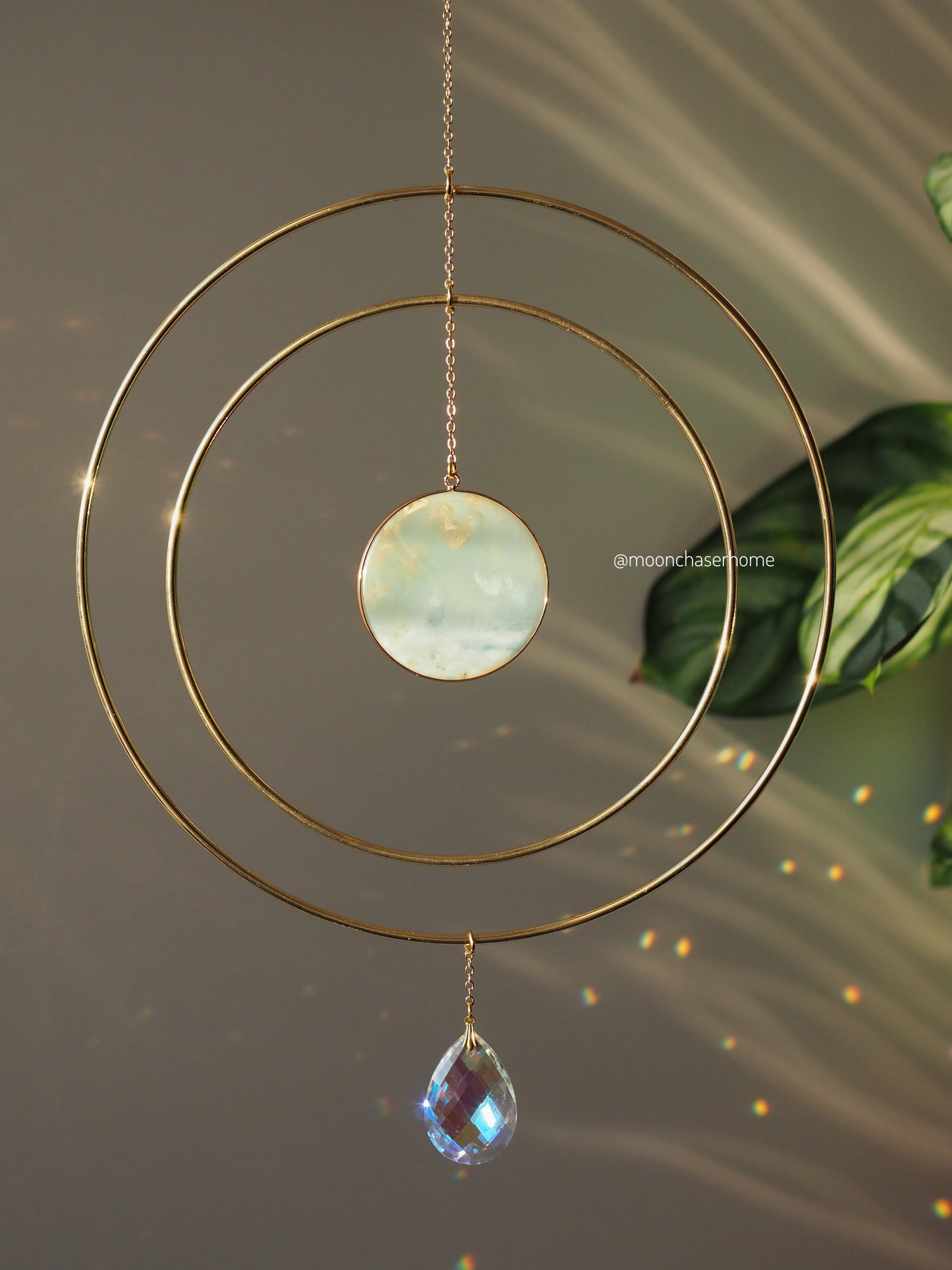 Anila-Big 19cm/7,4″ gold circle sun catcher mobile with natural crystals, amazonite, labradorite, rose quartz