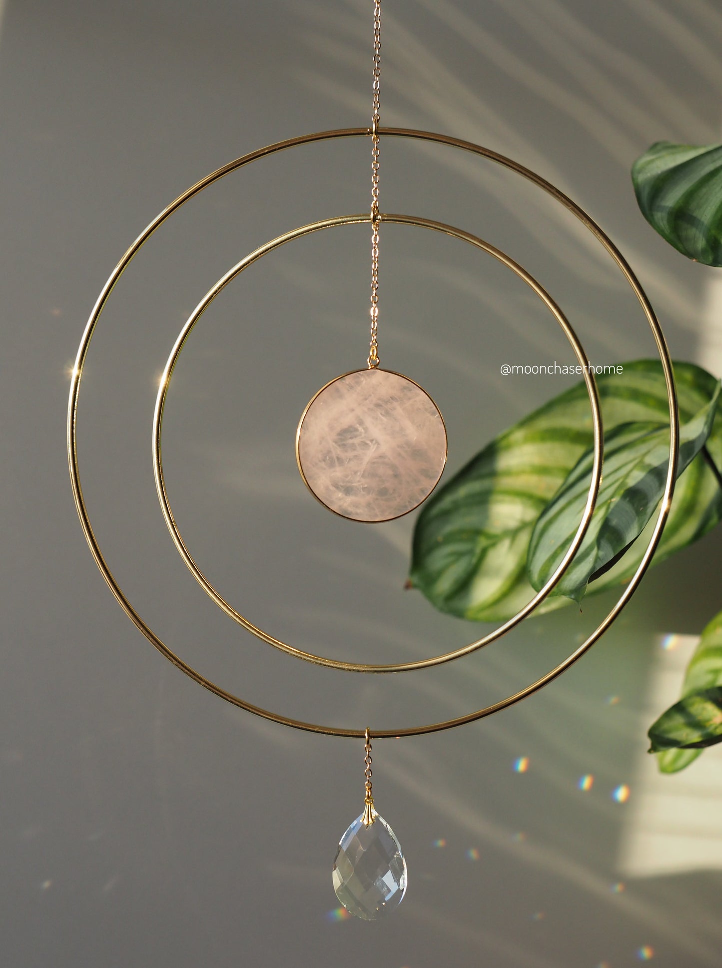 Anila-Big 19cm/7,4″ gold circle sun catcher mobile with natural crystals, amazonite, labradorite, rose quartz