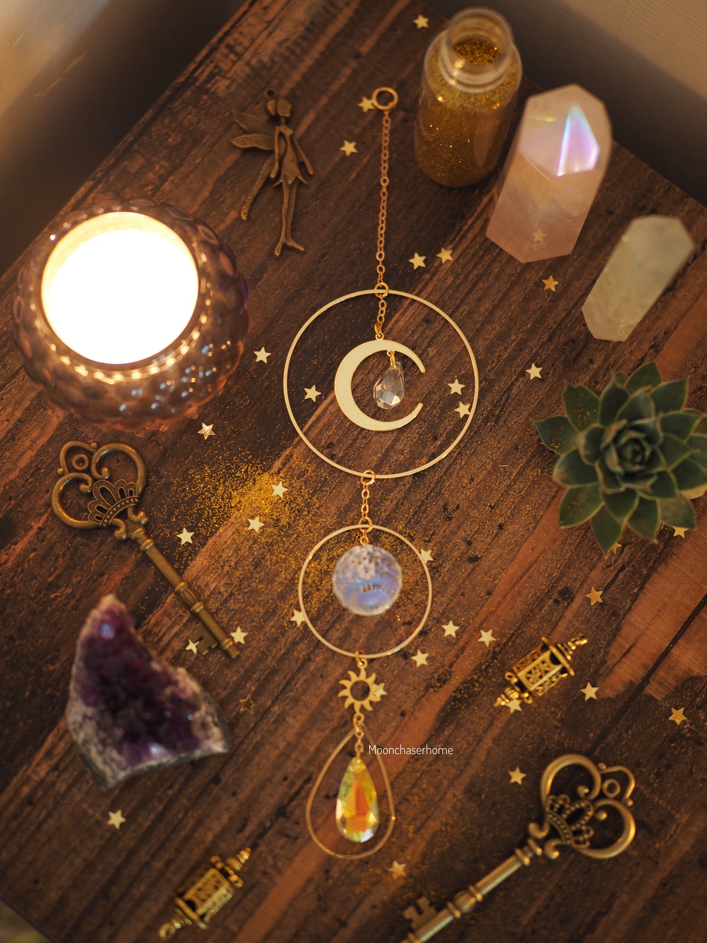 Anna sun catcher with sun and moon charms, rainbow prism, boho home decoration, fairy decor, gift for woman, car decor