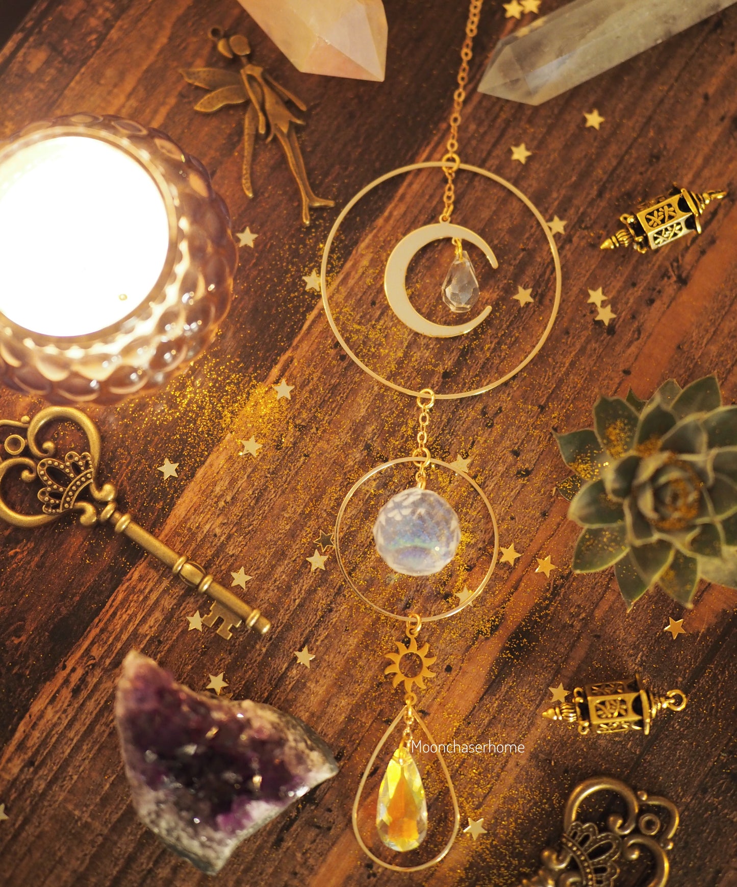 Anna sun catcher with sun and moon charms, rainbow prism, boho home decoration, fairy decor, gift for woman, car decor