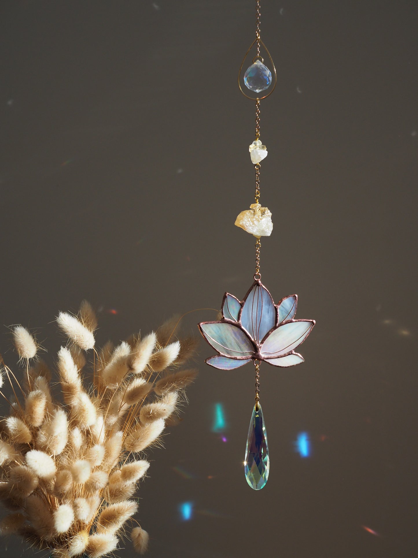 Stained glass window hangings lotus flower suncatchers with natural crystals big prism hanging decor