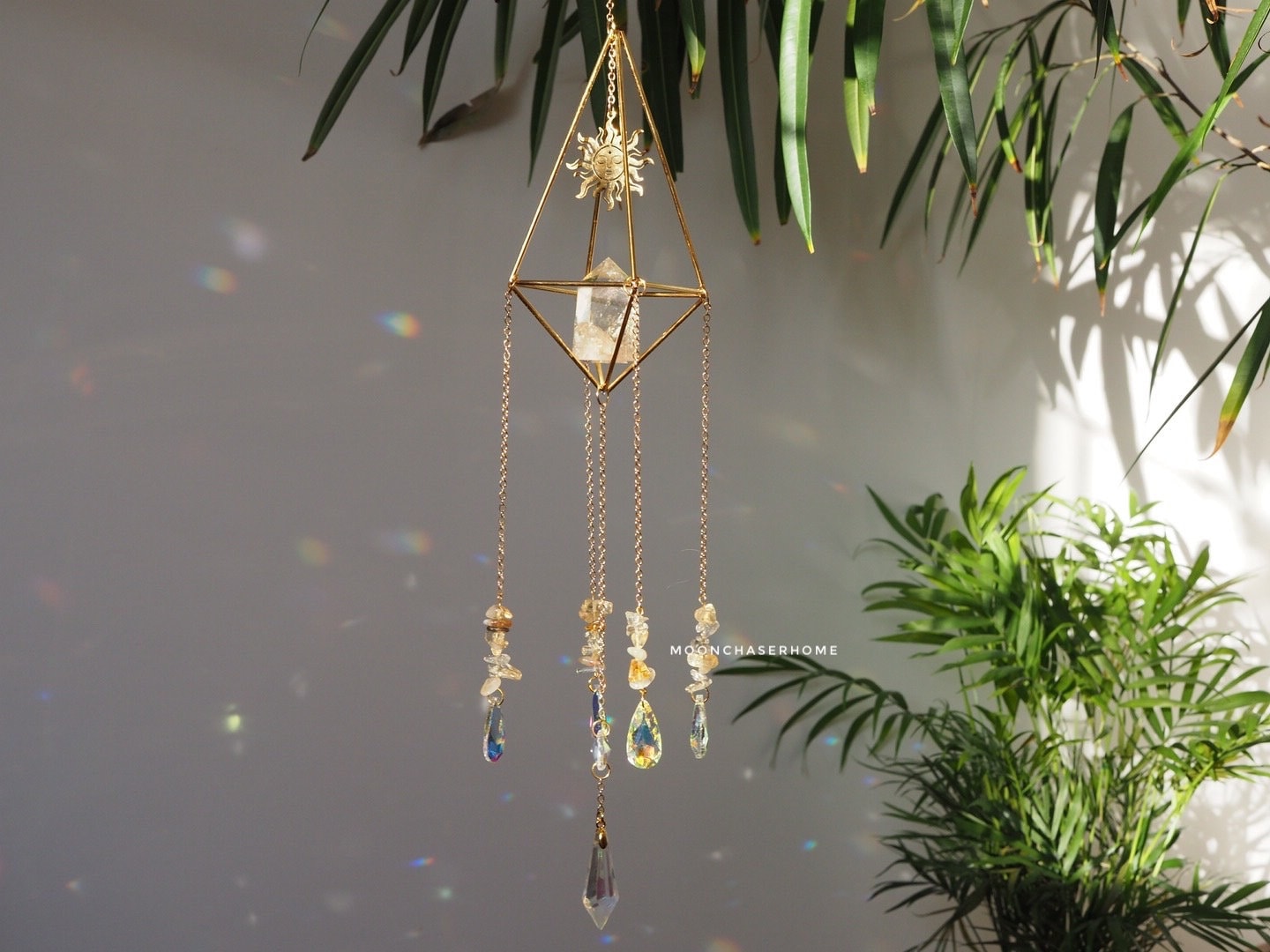 Luna-Sun Citrine crystal sun catcher with brass moon, rainbow prism, gift for woman