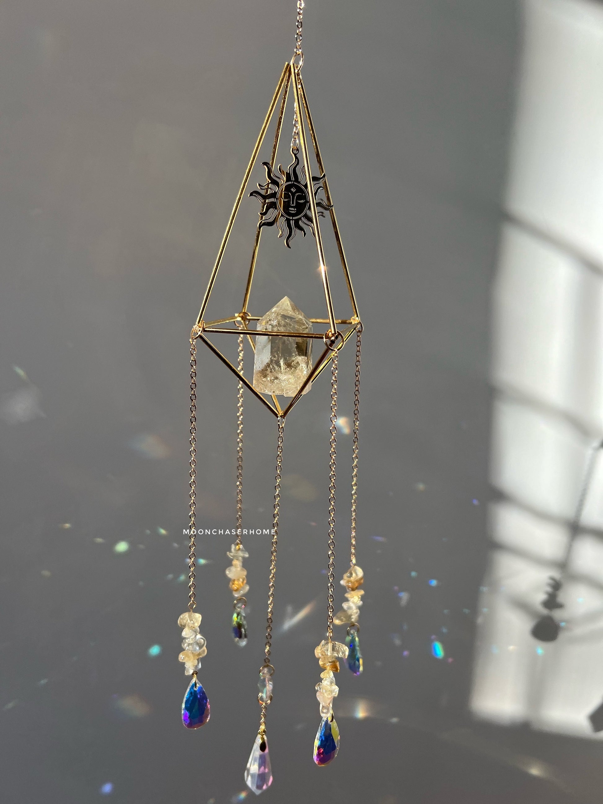 Luna-Sun Citrine crystal sun catcher with brass moon, rainbow prism, gift for woman