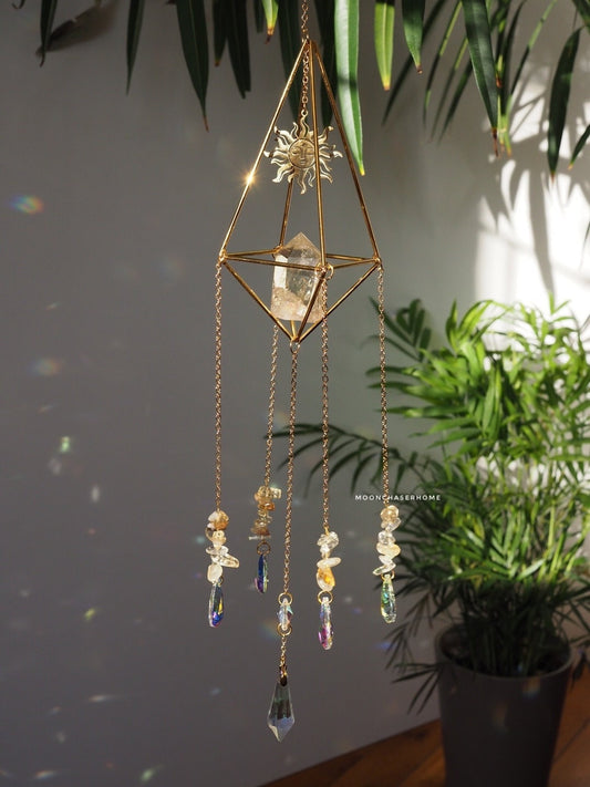 Luna-Sun Citrine crystal sun catcher with brass moon, rainbow prism, gift for woman