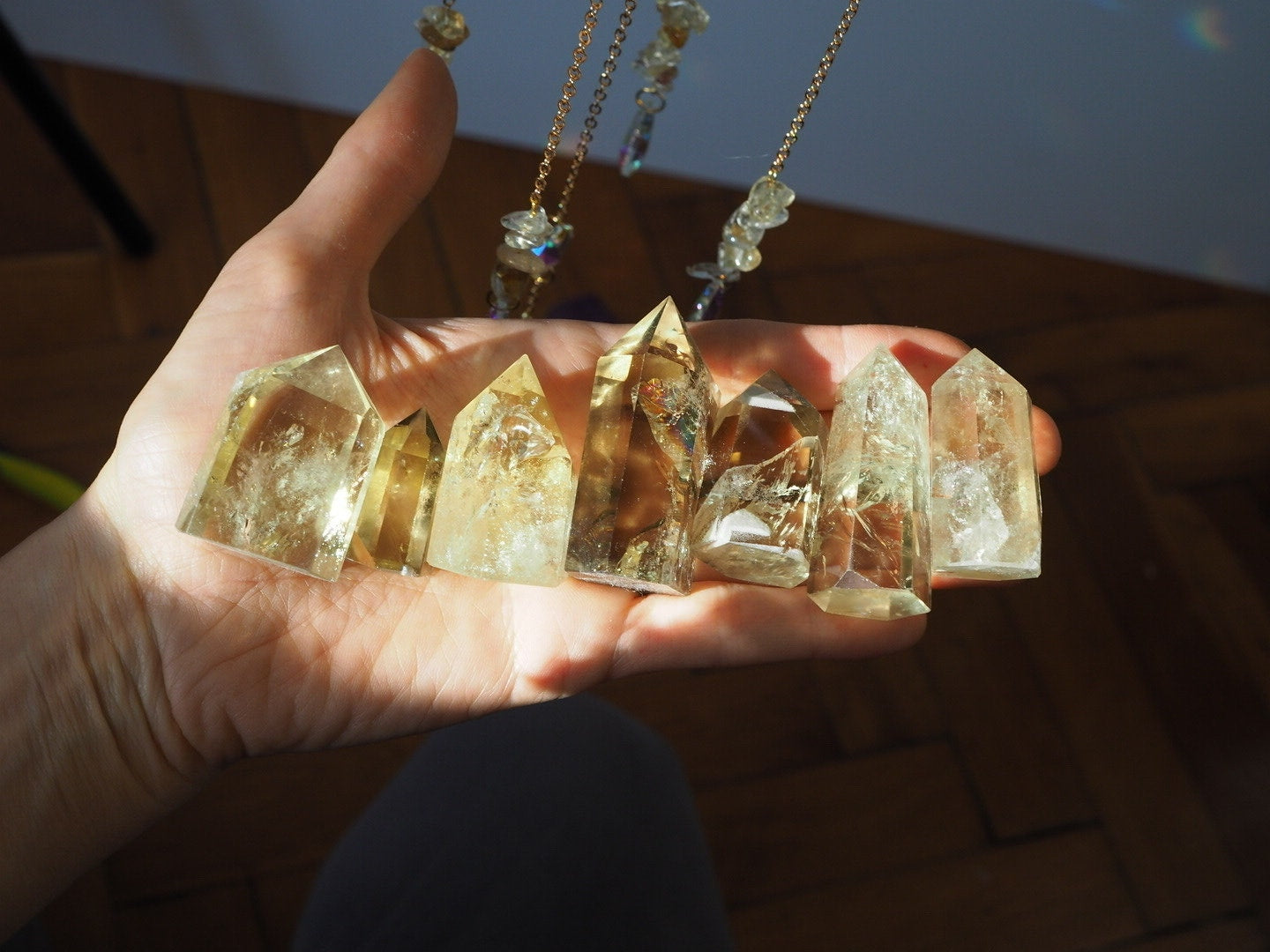 Luna-Sun Citrine crystal sun catcher with brass moon, rainbow prism, gift for woman