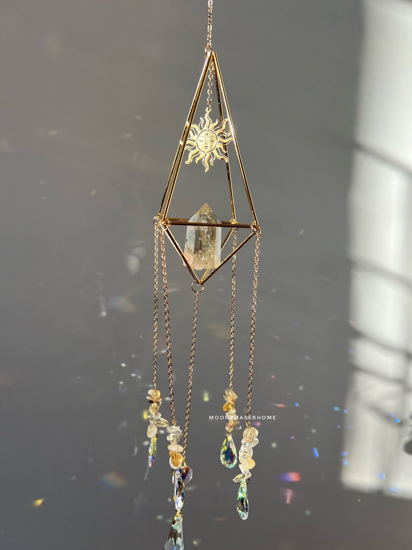 Luna-Sun Citrine crystal sun catcher with brass moon, rainbow prism, gift for woman
