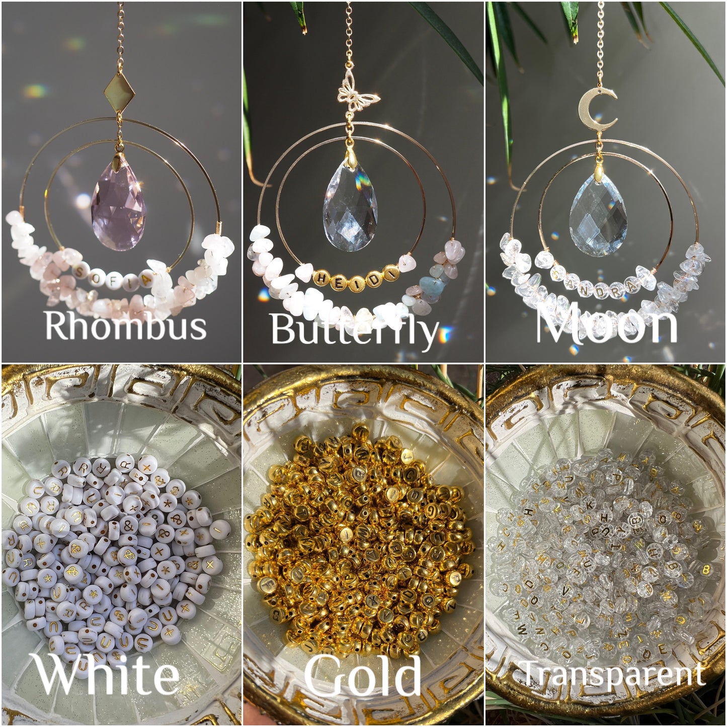 Personalised Name bead Suncatcher with crystals custom gift for her car charm crystal sun catcher