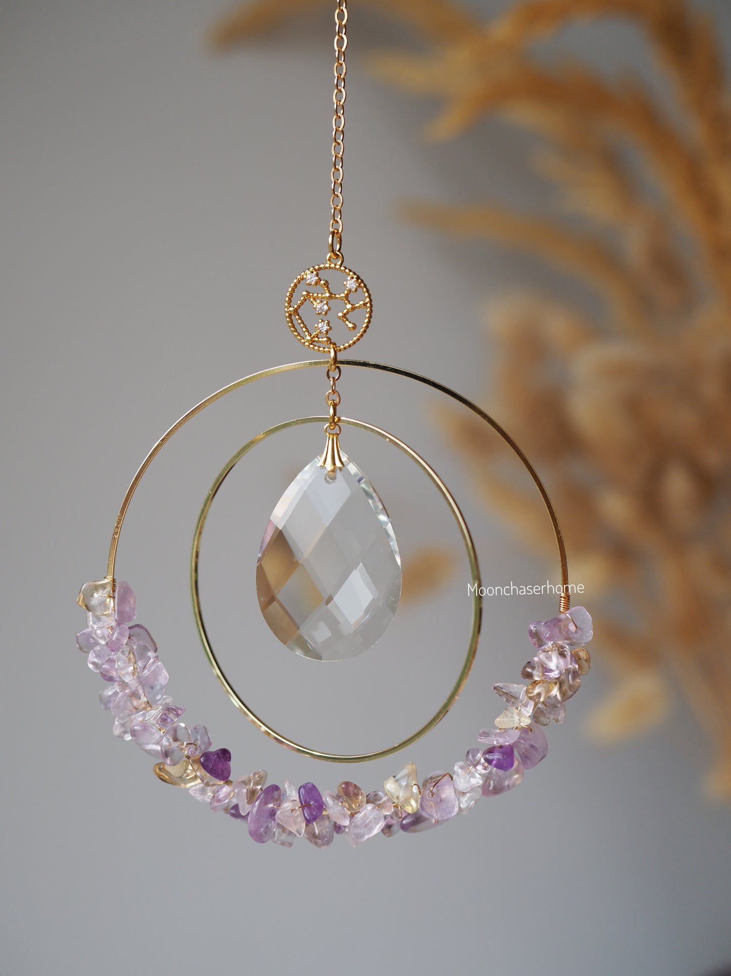 Zodiac Suncatcher with birthstone, Aziza prism, car charm with gemstones, horoscope gift, Birthday gift