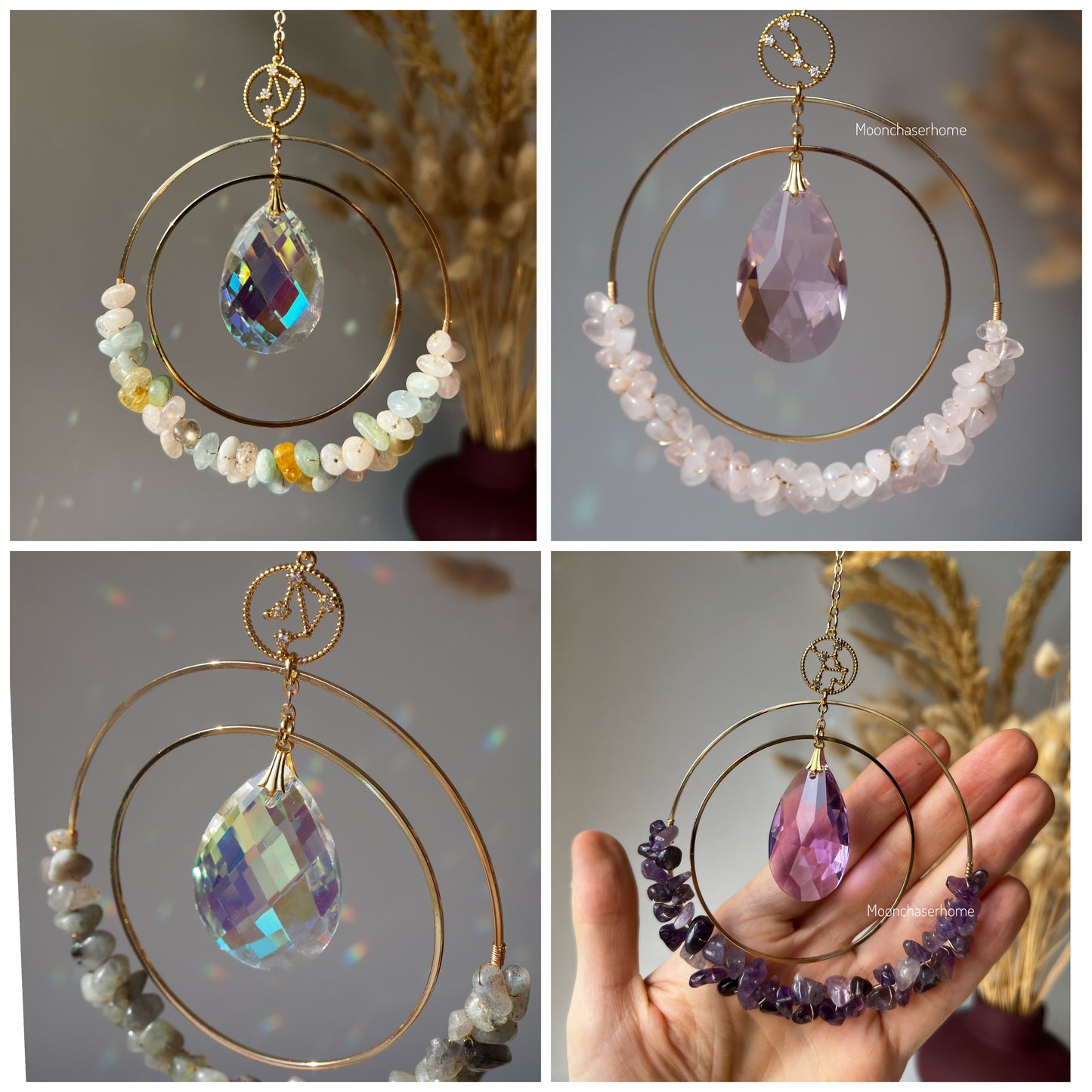 Zodiac Suncatcher with birthstone, Aziza prism, car charm with gemstones, horoscope gift, Birthday gift