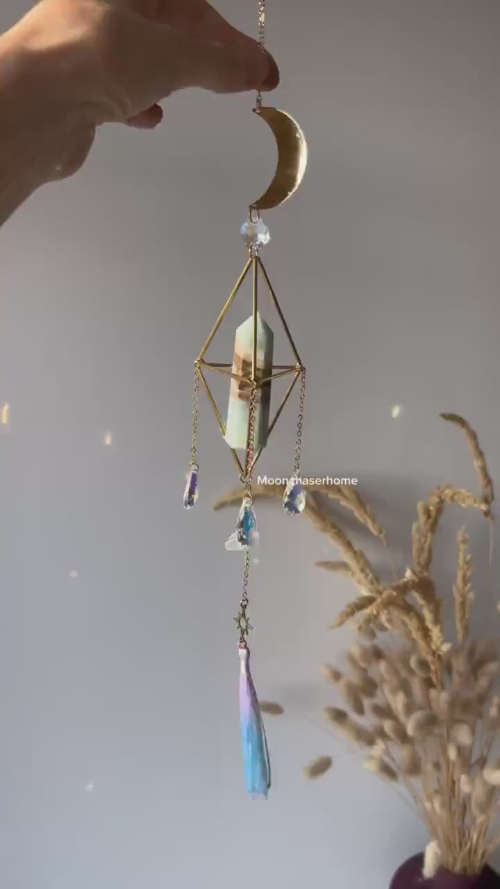 Carabbean Calcite Cresent moon suncatcher, hanging crystal