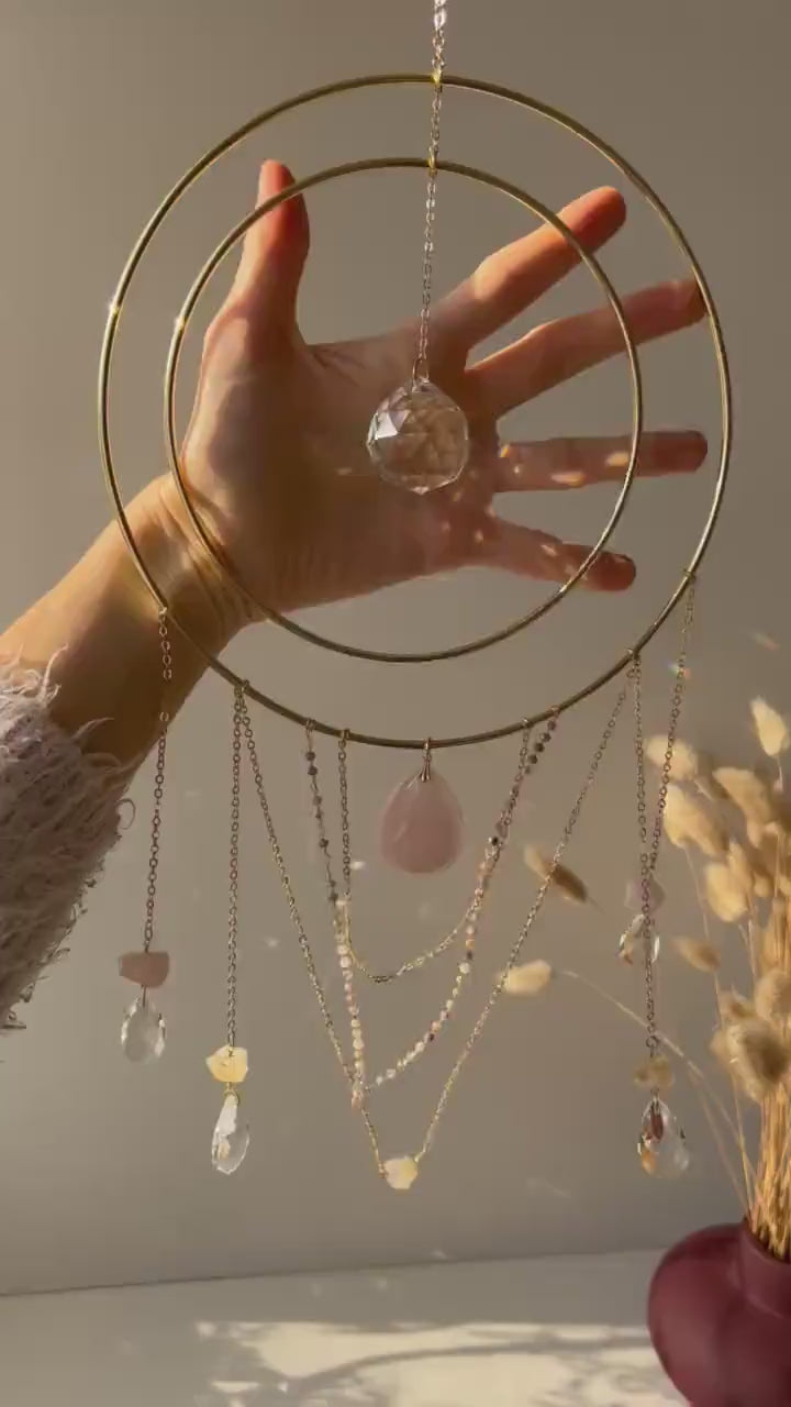 Nova rose quartz + citrine suncatcher 19cm/7,4″ gold circle big suncatcher