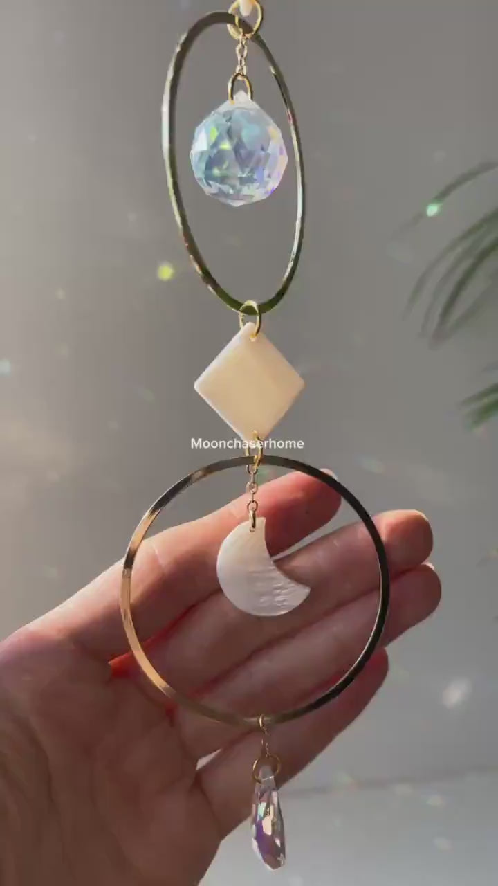 Nala Sun Catcher with shell and brass hoops,  Fairy or Sphere Prism, Window Hanging Rainbow Maker