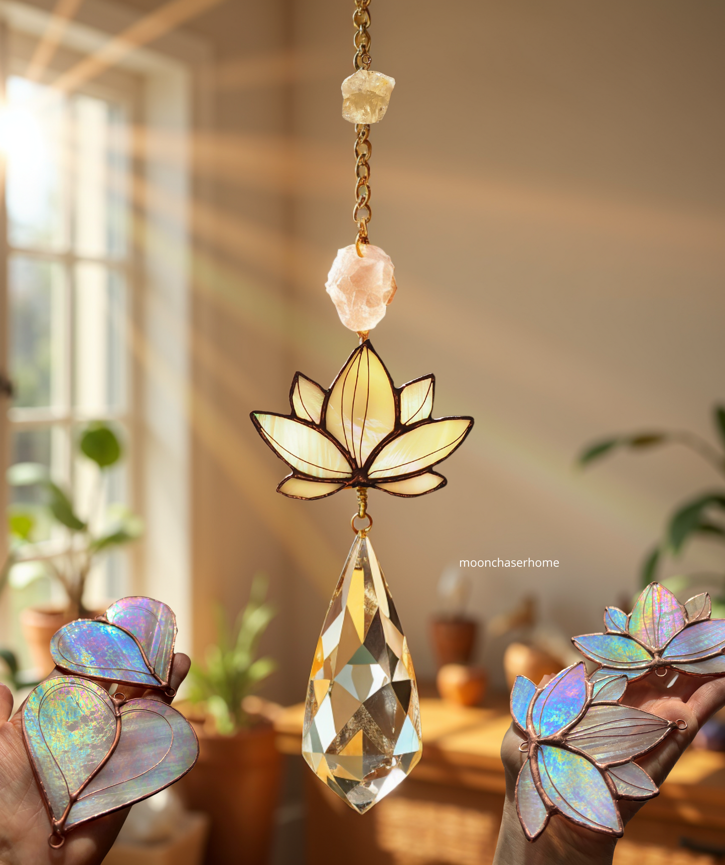 Stained glass window hangings lotus flower suncatchers with natural crystals big prism hanging decor