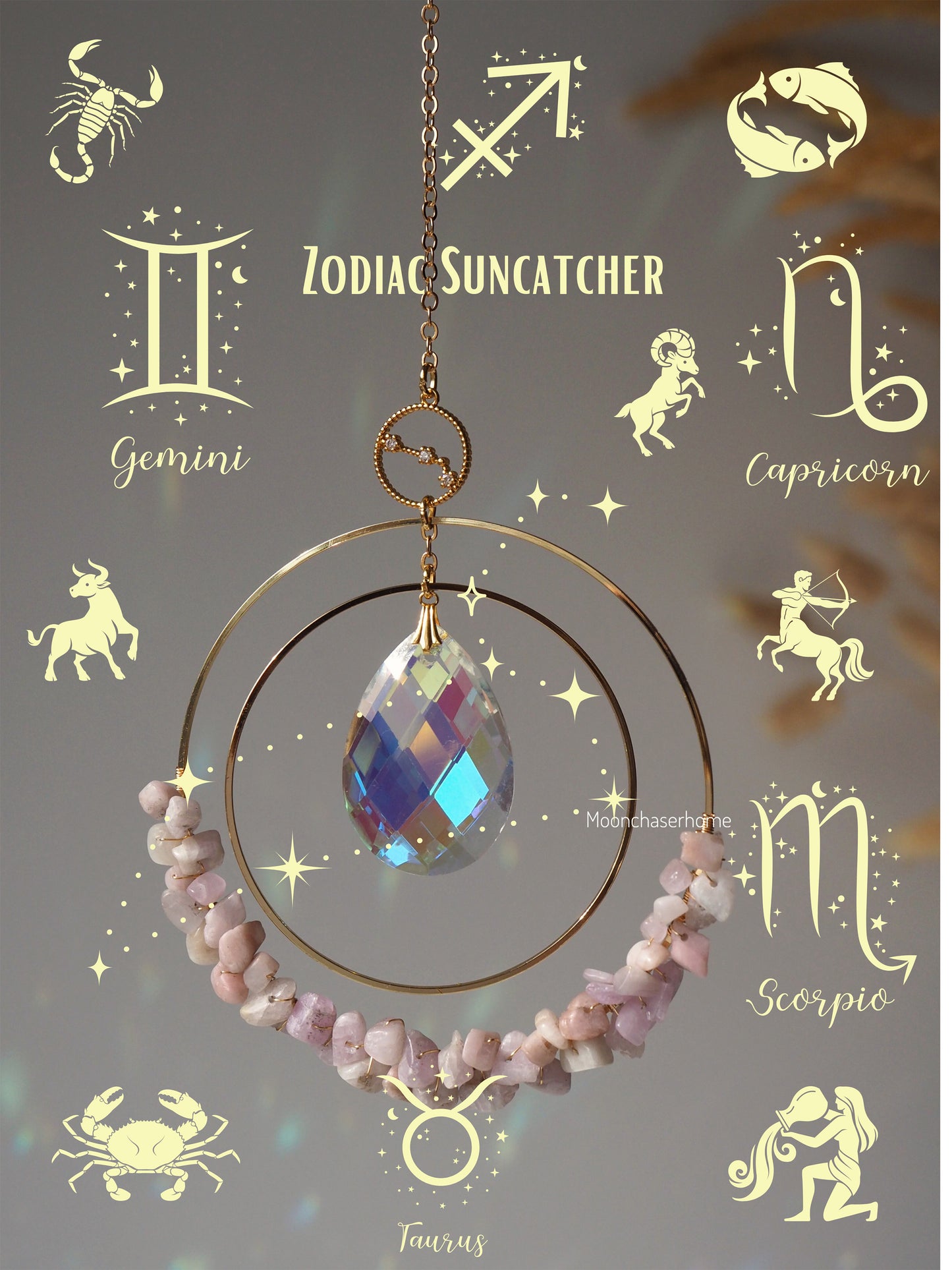 Zodiac Suncatcher with birthstone, Aziza prism, car charm with gemstones, horoscope gift, Birthday gift