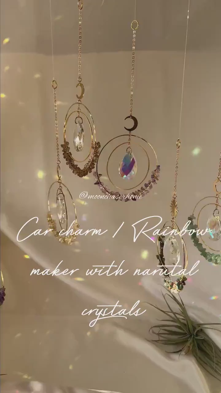 Unique Gift for woman, Aziza suncatcher with natural crystals- 18K real GOLD PLATED moon car charm, birthday gift, gift for her, sun catcher