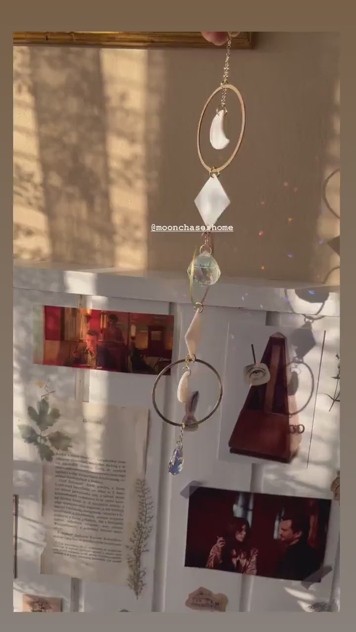 Nala Sun Catcher with shell and brass hoops,  Fairy or Sphere Prism, Window Hanging Rainbow Maker