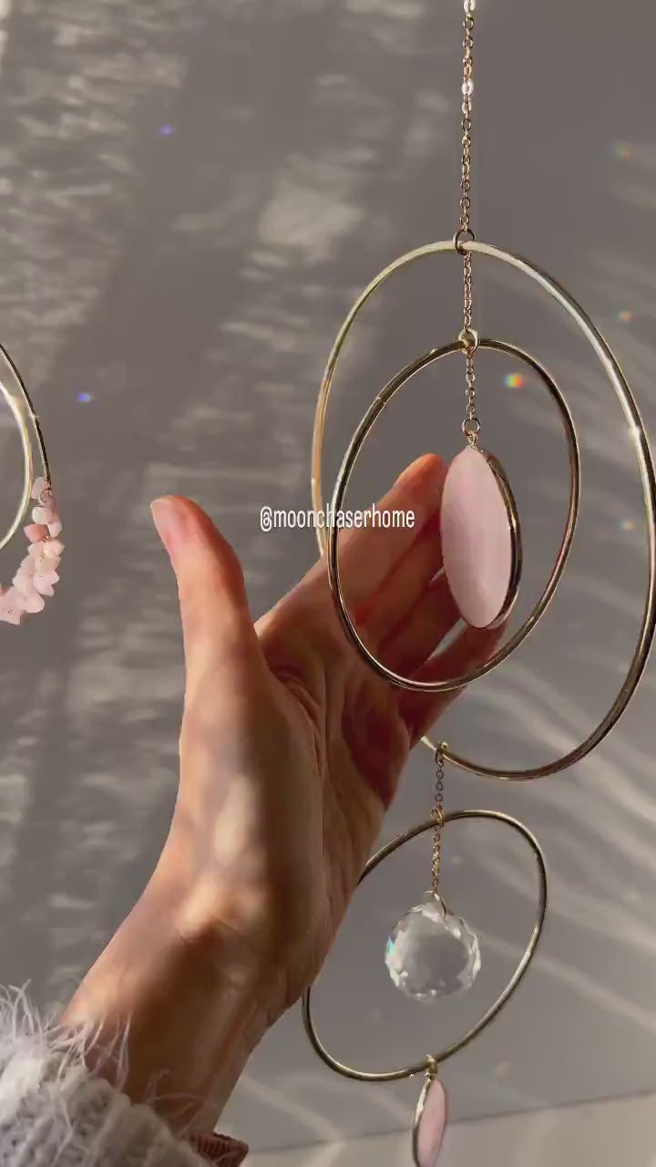 Meera light gold hoop suncatcher home decor  with two big rose quartz pendant, Valentine's day gift for woman