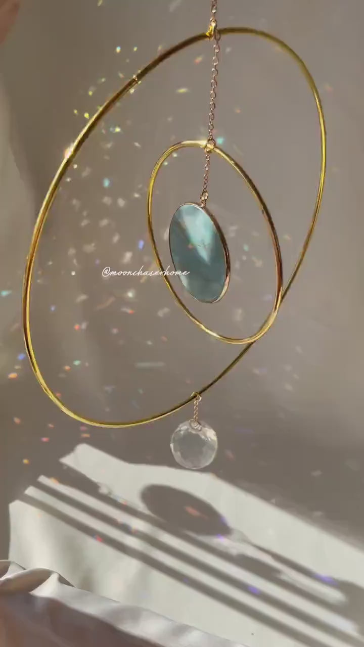 Anila-Big 19cm/7,4″ gold circle sun catcher mobile with natural crystals, amazonite, labradorite, rose quartz