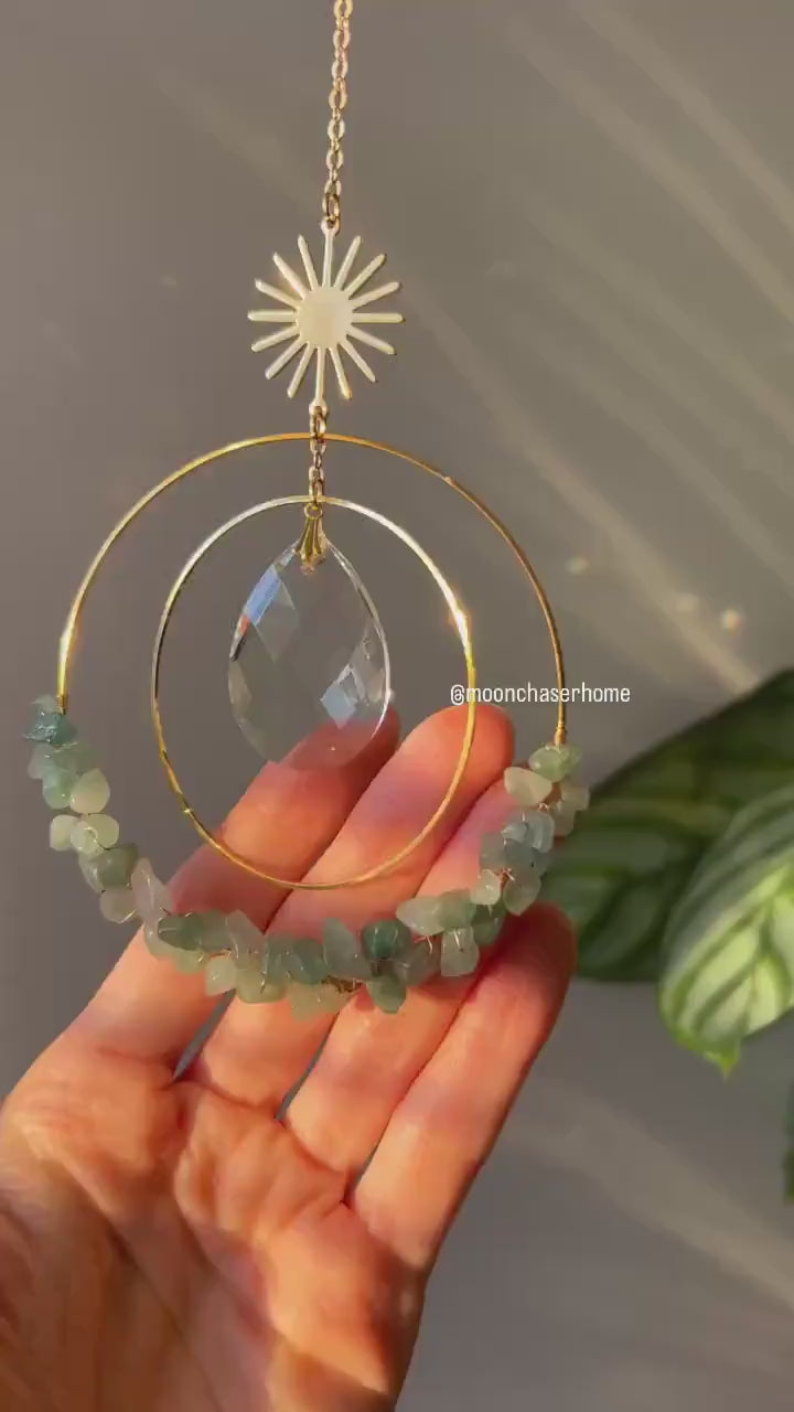 Aziza suncatcher with gold plated SUN and glass beads, crystal car charm, rainbow prism, light diffuser,boho home decoration, gift idea for