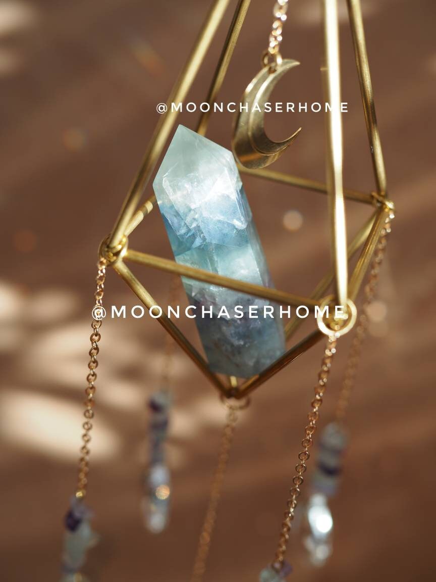 Luna&Fluorite crystal sun catcher with moon charm, rainbow prism, light diffuser, rainbow maker, geometric sun catcher