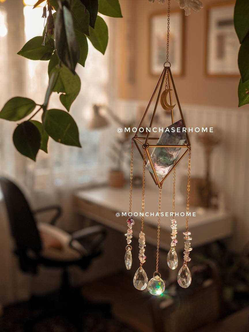 Luna&Fluorite crystal sun catcher with moon charm, rainbow prism, light diffuser, rainbow maker, geometric sun catcher