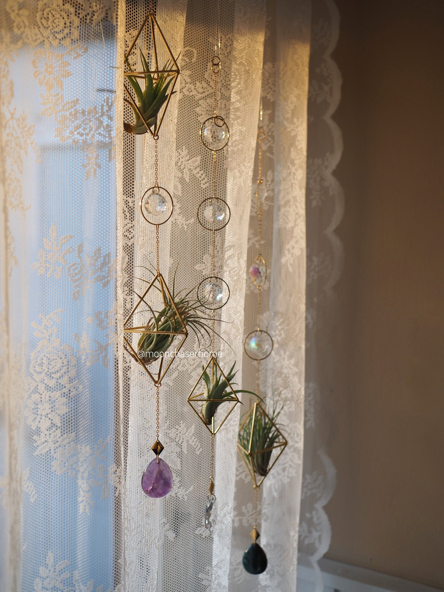 Haniwa-Himmeli double air plant holder 18K GOLD PLATED long sun catcher, rainbow prism, gift for her,Birthday gift