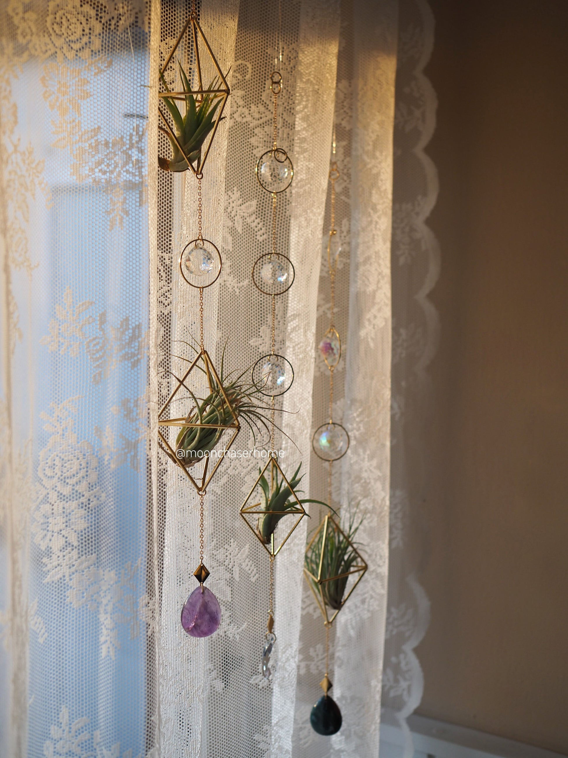 Haniwa-Himmeli double air plant holder 18K GOLD PLATED long sun catcher, rainbow prism, gift for her,Birthday gift