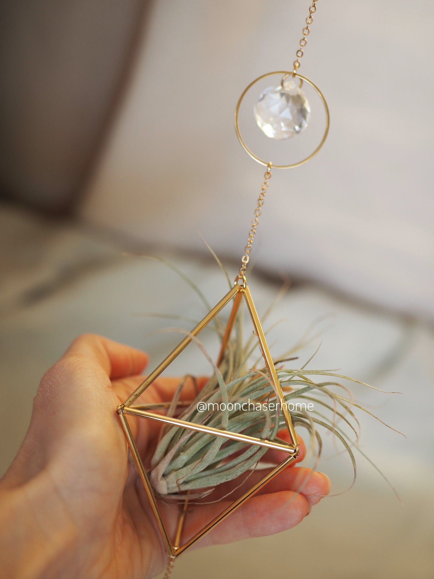 Haniwa-Himmeli double air plant holder 18K GOLD PLATED long sun catcher, rainbow prism, gift for her,Birthday gift