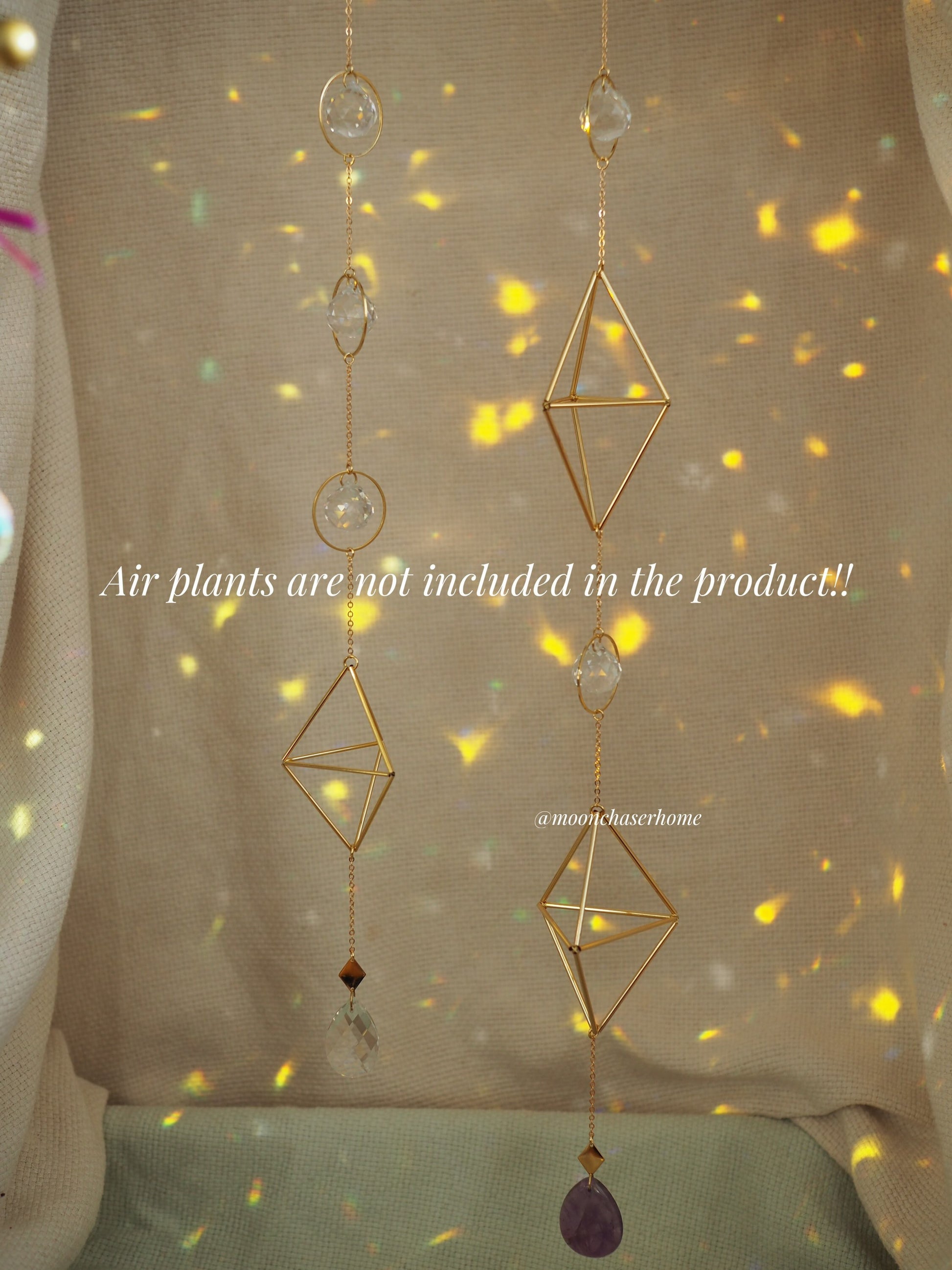 Haniwa-Himmeli double air plant holder 18K GOLD PLATED long sun catcher, rainbow prism, gift for her,Birthday gift