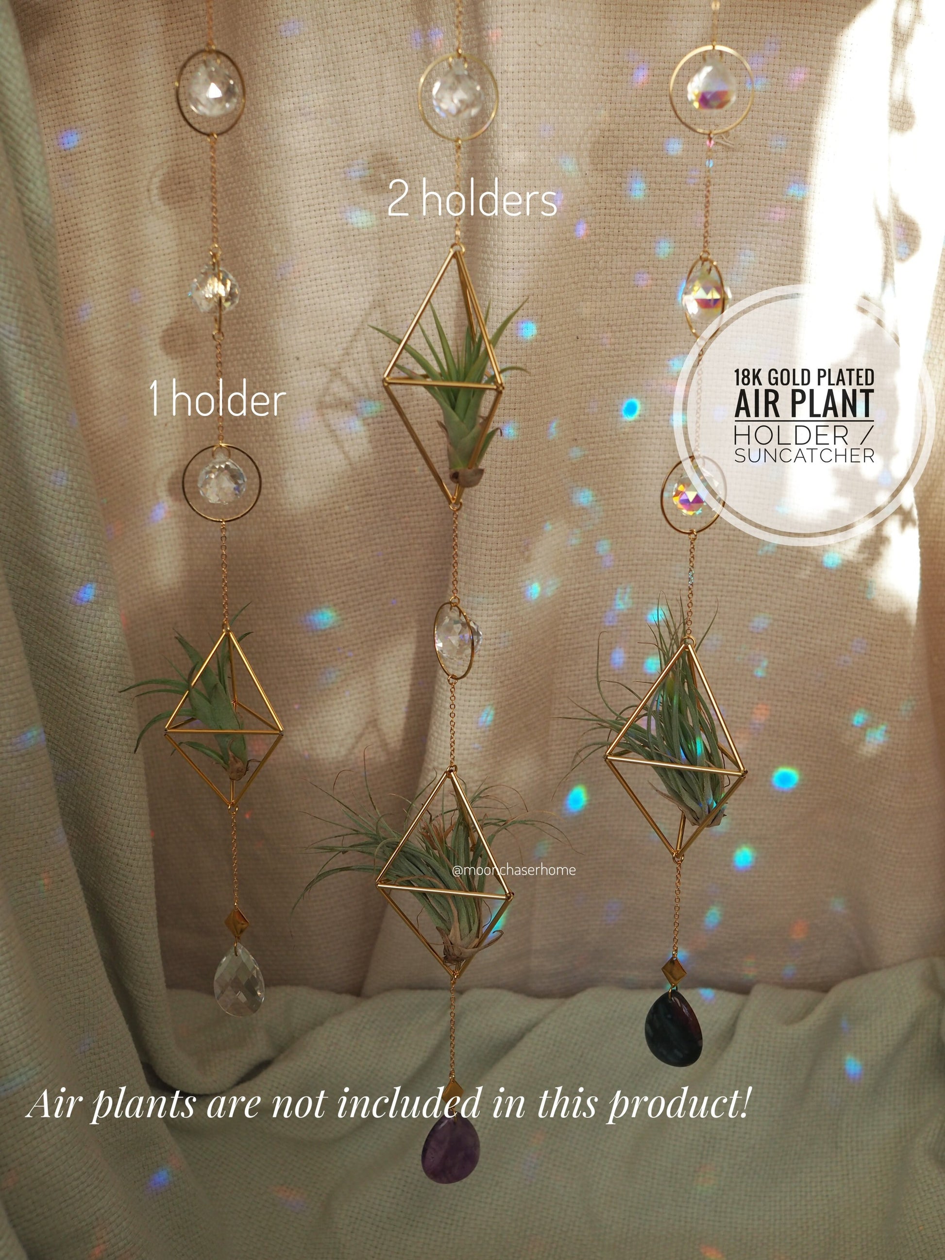 Haniwa-Himmeli double air plant holder 18K GOLD PLATED long sun catcher, rainbow prism, gift for her,Birthday gift