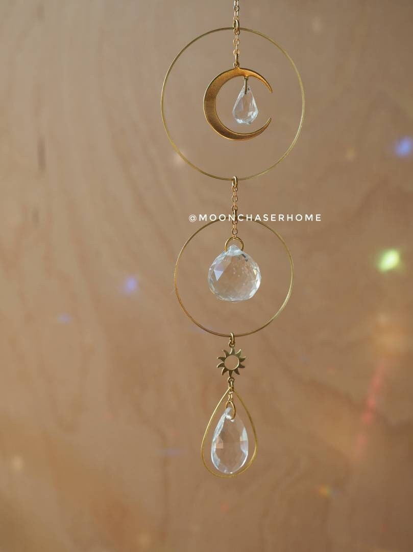 Anna sun catcher with sun and moon charms, rainbow prism, boho home decoration, fairy decor, gift for woman, car decor