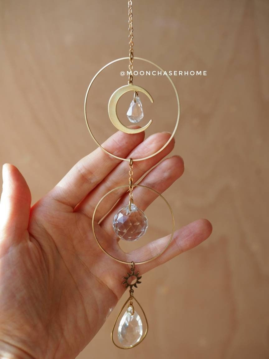 Anna sun catcher with sun and moon charms, rainbow prism, boho home decoration, fairy decor, gift for woman, car decor