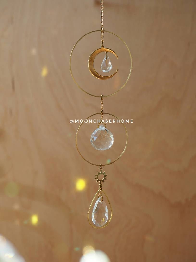 Anna sun catcher with sun and moon charms, rainbow prism, boho home decoration, fairy decor, gift for woman, car decor