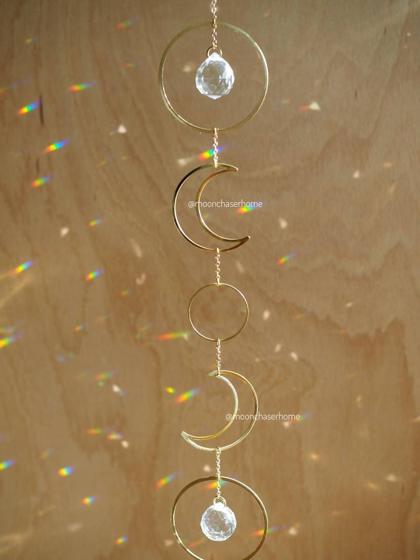 Luna crystal sun catcher with brass moons, rainbow prism, light diffuser, boho home decoration, housewarming gift