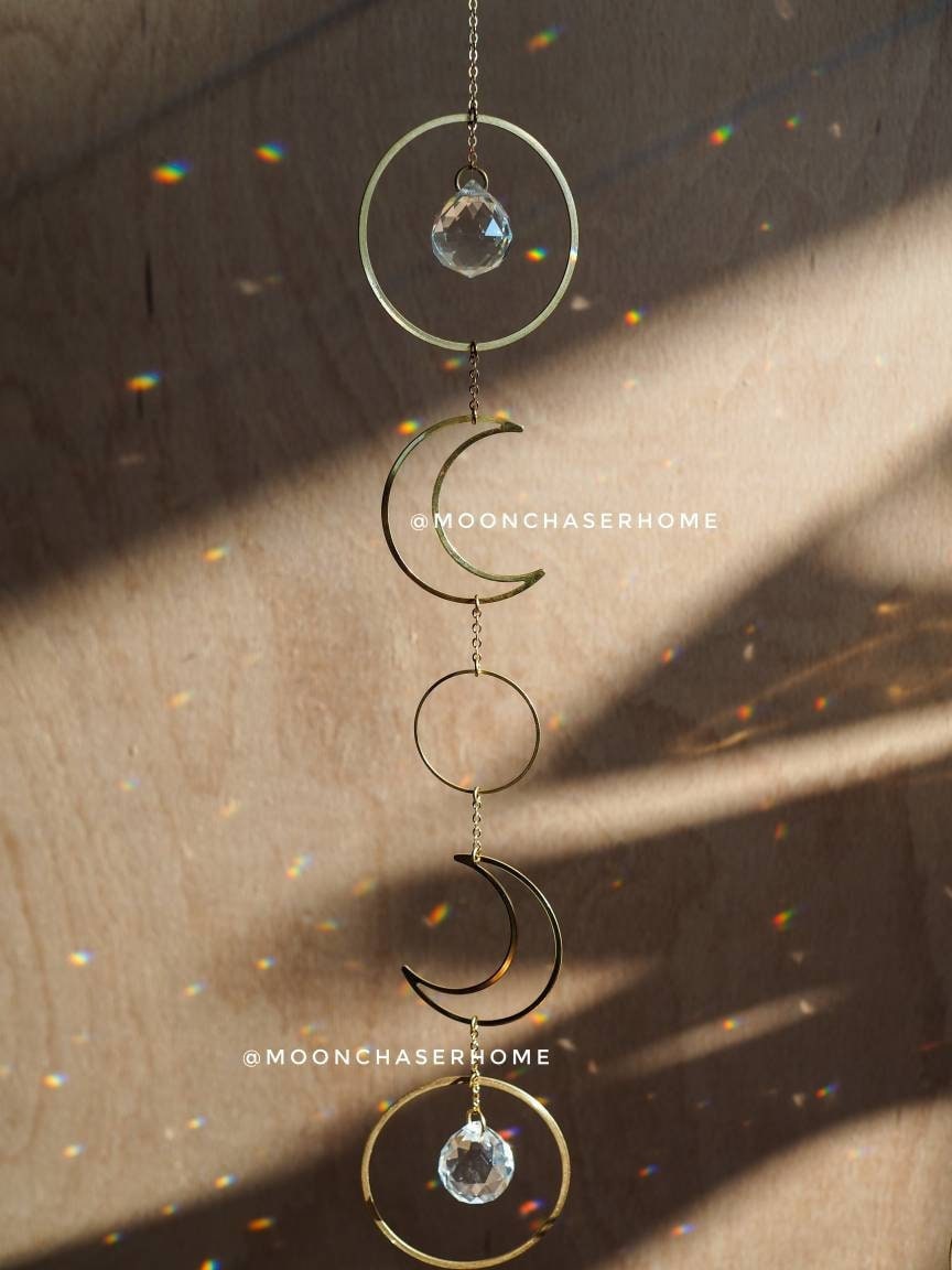 Luna crystal sun catcher with brass moons, rainbow prism, light diffuser, boho home decoration, housewarming gift
